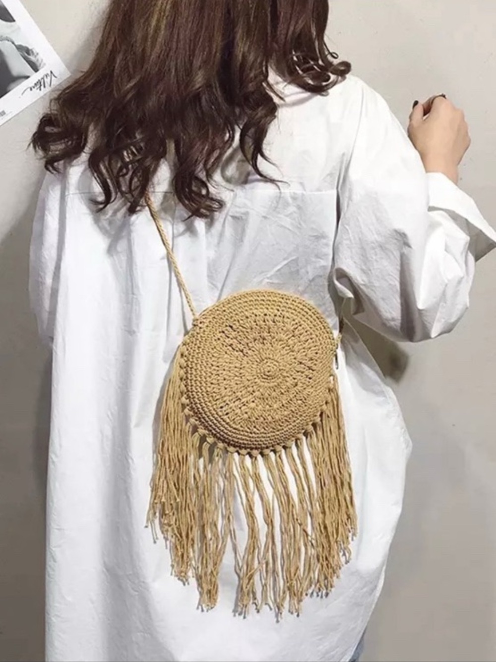 Boho Crochet Fringe Round Crossbody Bag Natural Straw Color